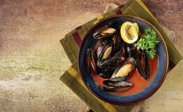 Fra Diavolo mussels, mussels in tomato sauce, Italian dish, on the table, top view, homemade, no people