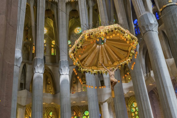 Interior view of the Familia Sagrada by the architect Antonio Gaudi in Barcelona, Spain, Europe