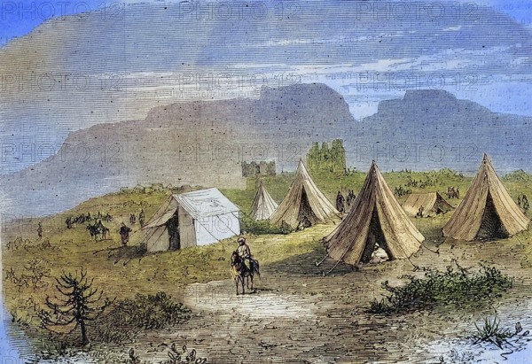 Post of the Cipayes on the way to Magdala, today Amba Mariam, 1869, Abyssinia, today Ethiopia, Historical, digitally restored reproduction of a 19th century original