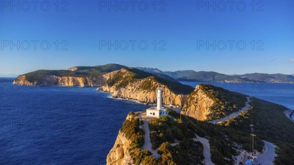 Aerial view of the Lighthouse or Cabo Ducato Lefkas in the southern area of the island of Lefkada. Greece