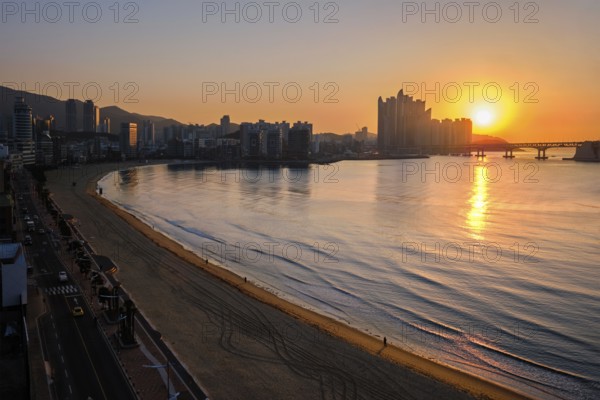 Gwangalli Beach in Busan on sunrise, South Korea. Aerial view