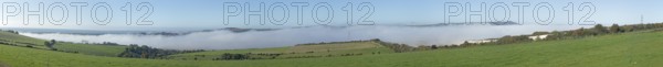 High fog over valley of River Adur, Shoreham by Sea, panoramic view, Photomerge, South Downs, West Sussex, England, United Kingdom, Europe