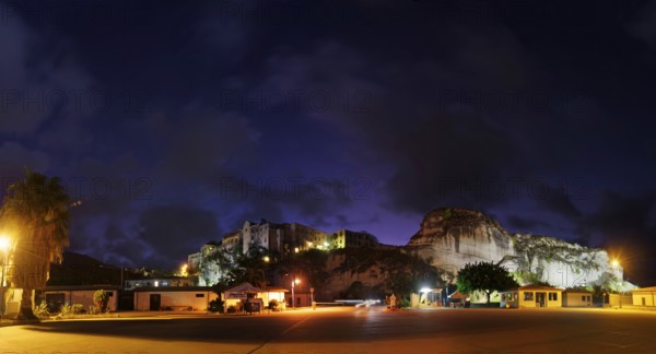 Panorama at the harbour of Tropea with the old town of Tropea at night, Tropea, Vibo Valentia, Calabria, Southern Italy, Italy, Europe