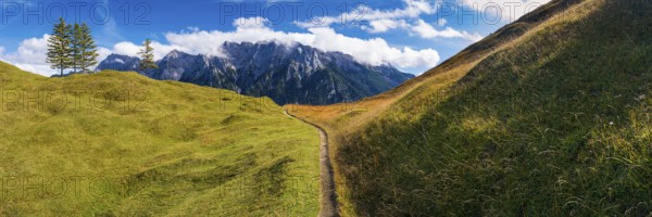 Panorama from Hoher Kranzberg, 1397m onto the cloudy Karwendel Mountains, Werdenfelser Land, Upper Bavaria, Bavaria, Germany, Europe