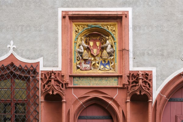 Coat of arms panel, former cathedral provostry, Domplatz, Burgberg, Meissen, Saxony, Germany, Europe