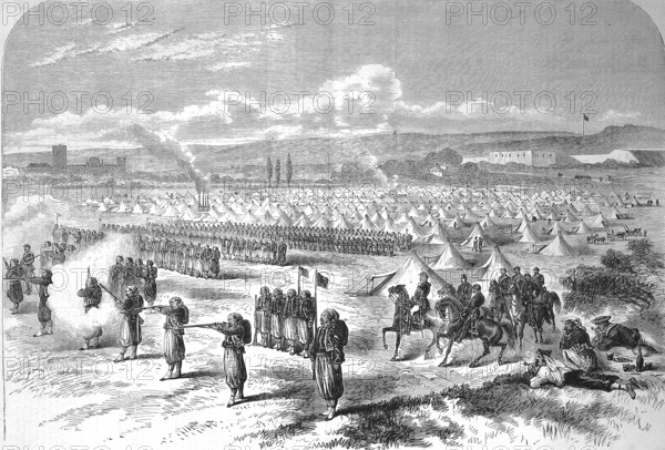 In the Saint-Maur camp, the Zouaves, members of historical infantry units from Algiers, practise using the Chassepot rifle, 1869, France, Historic, digitally restored reproduction of a 19th century original, Europe