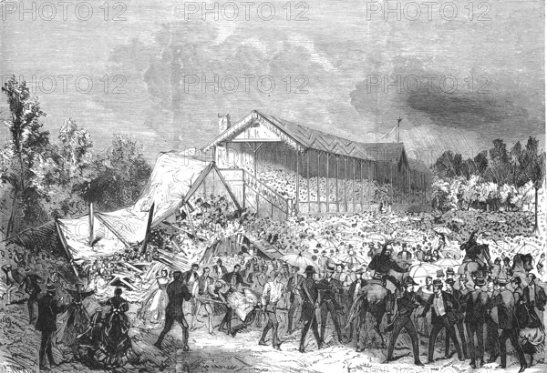 Collapse of the racecourse grandstand in Amiens, 1869, France, Historical, digitally restored reproduction of a 19th century original, exact original date unknown, Europe