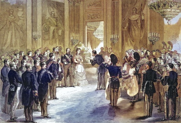 Stay of the Court in Compiegne, the Empress's Feast. The officers present the Empress with bouquets of flowers, 1869, France, Historic, digitally restored reproduction of an original 19th century master, exact original date unknown, Europe