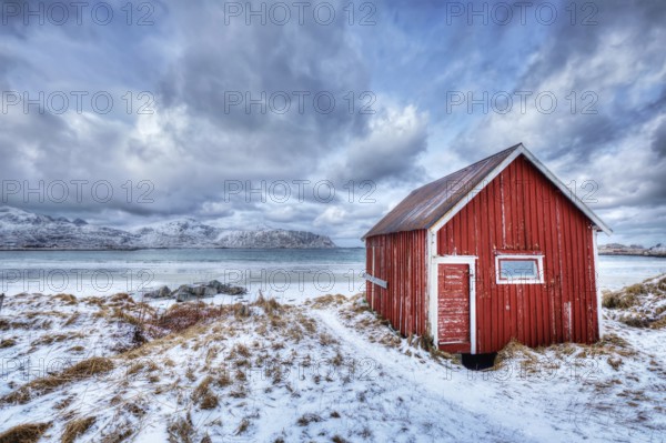 High Dynamic Range (HDR) image of red rorbu house shed on beach of fjord. Skagsanden beach, Lofoten islands, Norway, Europe