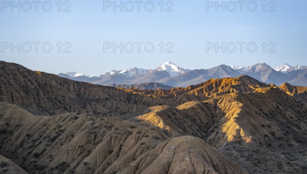Landscape of eroded hills at sunrise, badlands, white mountain peaks of the Tian Shan Mountains in the background, Canyon of the Forgotten Rivers, Issyk Kul, Kyrgyzstan, Asia