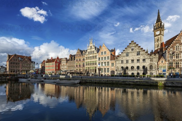 Europe Belgium medieval town travel background, Ghent canal and Graslei street on sunset. Ghent, Belgium, Europe