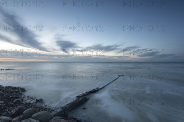Dawn on Hovmarken Beach, Breakwater, Baltic Sea Island Mon, Denmark, Europe