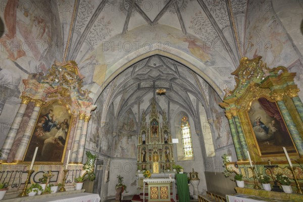 View of the altar of the parish church of St Dionysius, Morter, Latsch, South Tyrol, Italy, Europe