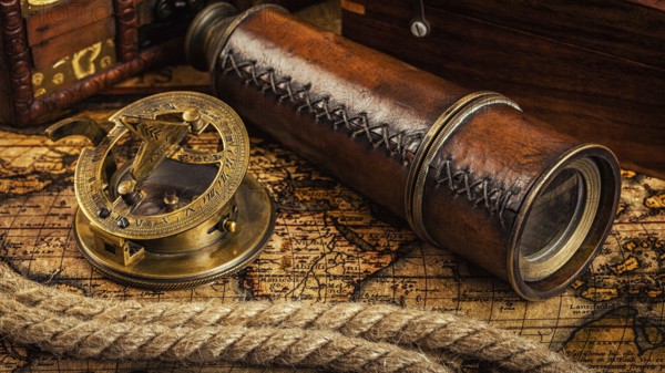 Travel geography navigation concept background, panorama of old vintage retro compass with sundial, spyglass and rope on ancient world map