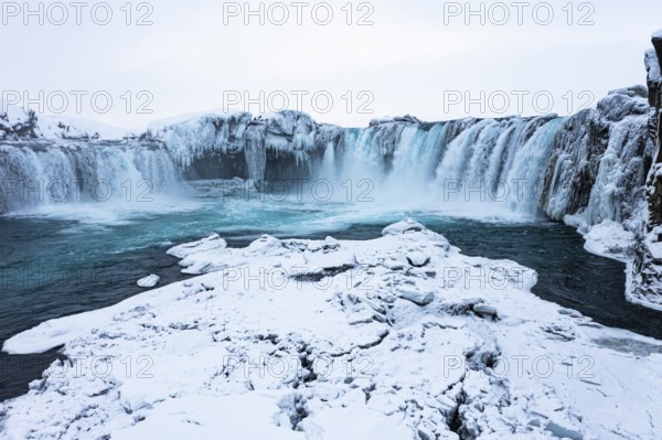 Godafoss waterfall, snowy landscape, drone shot, Northern Iceland Eyestra, Iceland, Europe