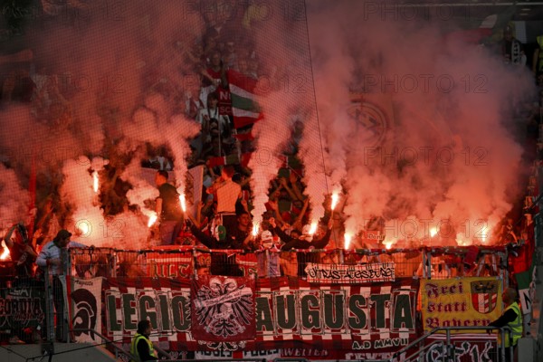 Bengalos in the FC Augsburg FCA fan block, Mercedes-Benz Arena, Stuttgart, Baden-Württemberg, Germany, Europe