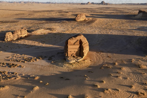 Qasr Al-Farid, 2000-year-old tomb of the Nabataeans, aerial view, Hegra or Madain Salih, AlUla region, Medina province, Saudi Arabia, Arabian Peninsula, Asia