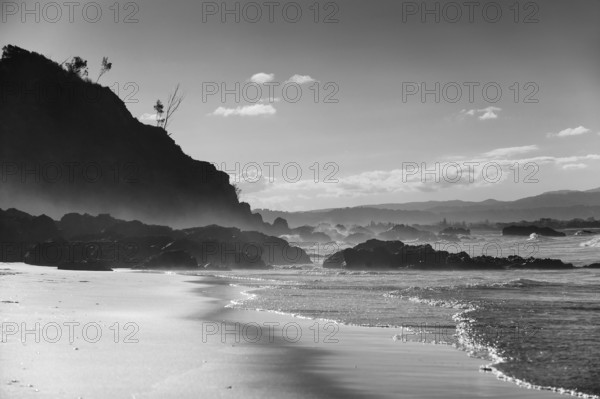 Black and white, monochrome, sea, beach, landscape, Watego beach in Byron bay, Queensland, Australia, Oceania
