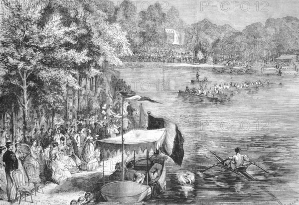 Competition of rowing clubs on the Bois de Boulogne lake in the west of Paris, 1869, France, Historic, digitally restored reproduction of an original 19th century artwork, exact original date unknown, Europe