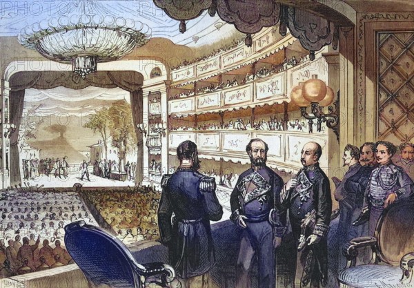 Events in Spain, a performance at the theatre theatre de loriente, in Madrid, Enrico Tamberlick sings the Riego Hymn, El Himno de Riego is a song in honour of Rafael del Riego, which is about the Spanish Civil War of the years 1820-1823, 1869, Spain, Historical, digitally restored reproduction of a 19th century original, Europe