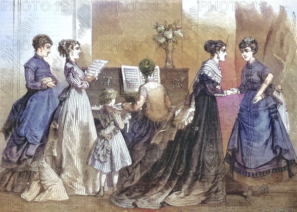 Distinguished woman in the fashion of the season, 1868, at the piano and singing, costumes and fabrics from the novelty shops of the city of Saint-Denis, France, Historic, digitally restored reproduction of an original 19th century master, exact original date not known, Europe