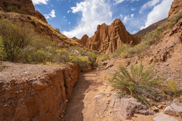 Eroded mountain landscape with sandstone cliffs, canyon with red and orange rock formations, Konorchek Canyon, Chuy, Kyrgyzstan, Asia