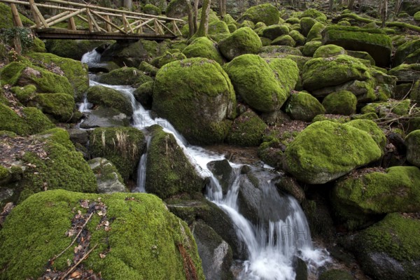 Moss-covered rocks, waterfalls, wooden bridge, Geishöll waterfalls, In der Geishöll, near Sasbachwalden, Black Forest, Baden-Württemberg, Germany, Europe
