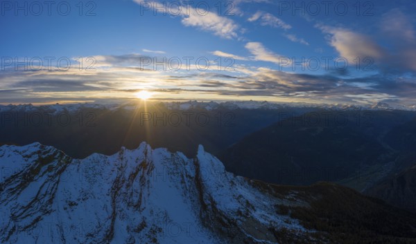 Aerial view of the sunset over the mountains of Val Pontirone in the canton of Ticino, Switzerland, Europe