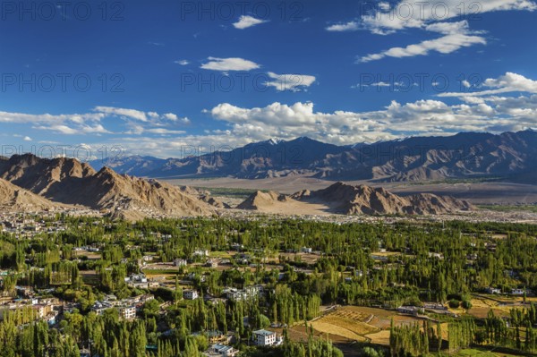 View of Leh from above from Shanti Stupa on sunset. Ladakh, Jammu and Kashmir, India, Asia