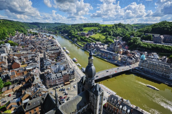 Aerial view of Dinant town, Collegiate Church of Notre Dame de Dinant, River Meuse and Pont Charles de Gaulle bridge from Dinant Citadel. Dinant, Belgium, Europe