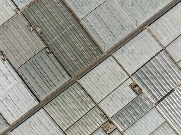 Masses of shimmering plastic greenhouses near El Ejido, aerial view, drone shot, Almería province, Andalusia, Spain, Europe
