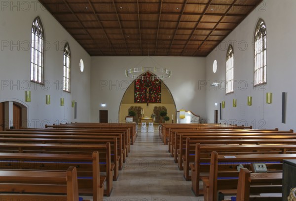 Pews, back choir room, Protestant St. Andrew's Church, sacred building, Eningen unter Achalm, Baden-Württemberg, Germany, Europe