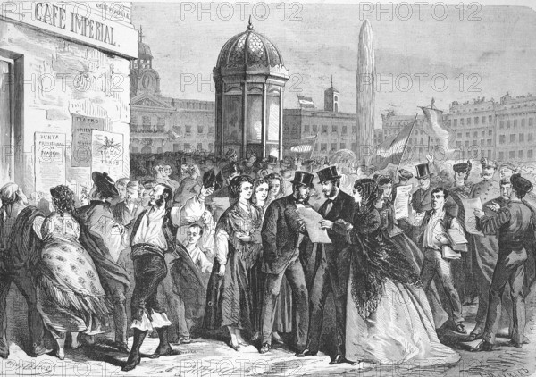 Distribution and reading of the Manifesto of the Junta, Manifeste de la Junta, 1869 in Madrid, Spain, Historic, digitally restored reproduction of a 19th century original, exact original date unknown, Europe