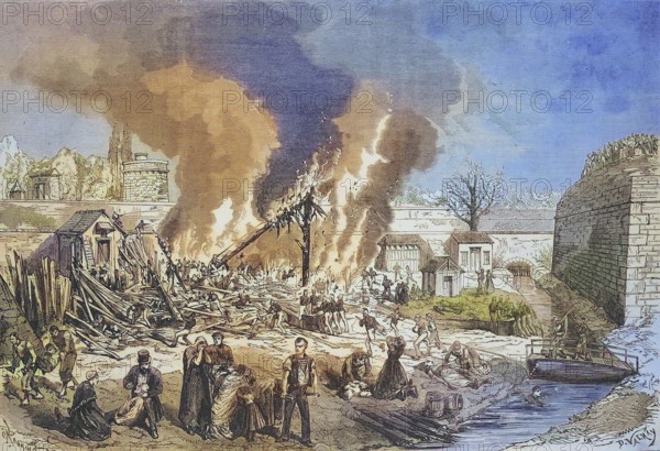Explosion of the workshop for the manufacture of Chassepot cartridges, ammunition manufacture and ammunition depot in the arsenal of Metz, 1969, France, Historic, digitally restored reproduction of an original 19th century master, exact original date unknown, Europe