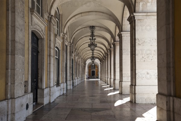 Arcades, arcade at the Ministry of Justice, Praça do Comercio, Baixa district, Lisbon, Portugal, Europe