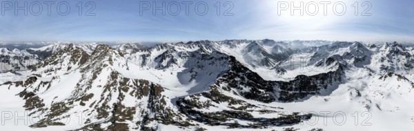 Alpine panorama, Sulzkogel, aerial view, peaks and mountains in winter, Sellraintal, Kühtai, Tyrol, Austria, Europe