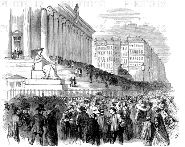 The receipt of the stock exchange on the day of the closing of the subscription of the bond, War Bond for the Franco-Prussian War, 1870, Paris, France, Historic, digitally restored reproduction of an original 19th century master, exact original date unknown, Europe