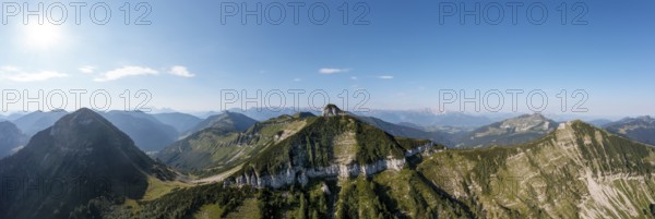 Drone shot, panoramic shotMountain landscape, Gennerhorn Gruberhorn and Regenspitz, Osterhorngruppe, Salzkammergut, Land Salzburg, Austria, Europe