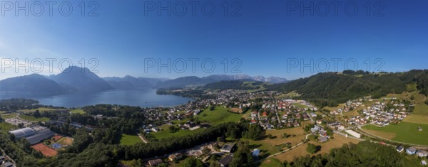 Drone shot, panorama shot, Altmünster am Lake Traun, Salzkammergut, Upper Austria, Austria, Europe