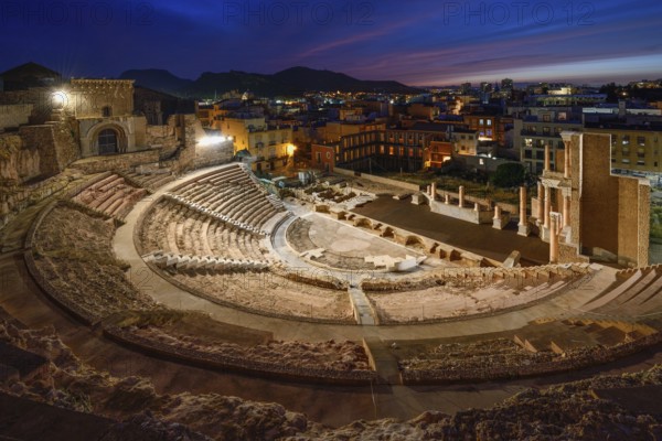 Teatro Romano, blue hour, Roman amphitheater, in the old town of Cartagena, Murcia region, Spain, Europe