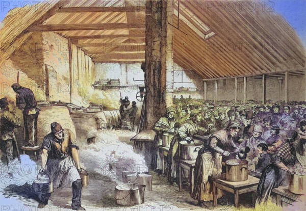Poverty and hardship in London, public soup kitchen and rations for the poor in the Spitalfields neighbourhood, the district was one of the slums of London's East End in the 19th century, England, Historic, digitally restored reproduction of an original 19th century artwork, exact original date unknown