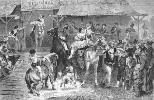 Parade in front of the circus, horses and acrobats amuse children and adults, 1869, Paris, France, Historic, digitally restored reproduction of a 19th century original, Europe