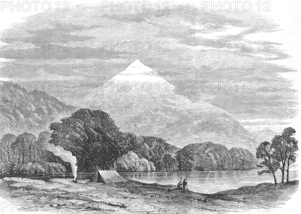 Camping on the Taramakau River, river on the border of the Grey District to the Westland District in the West Coast region on the South Island of New Zealand, Historic, digitally restored reproduction of a 19th century original, exact original date unknown