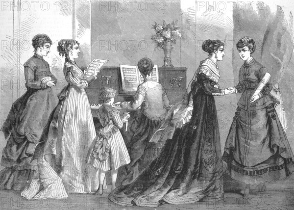 Distinguished woman in the fashion of the season, 1868, at the piano and singing, costumes and fabrics from the novelty shops of the city of Saint-Denis, France, Historic, digitally restored reproduction of an original 19th century master, exact original date not known, Europe