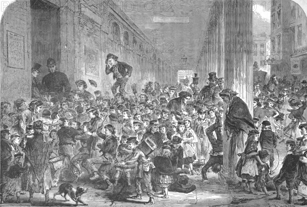 Crowd of children for the Christmas performance of the pantomime at the Drury-Lane Theatre, London, 1869, England, Historic, digitally restored reproduction of a 19th century original