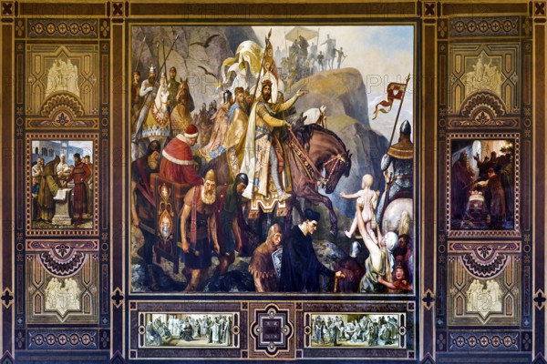 Central painting Return of Henry III from Italy in 1047 by Hermann Wislicenus, mural, Kaisersaal Goslar, Lower Saxony, Germany, Europe