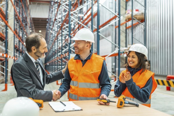 Manager shaking hands with a warehouse worker after closing a deal, his colleagues clapping hands, logistics warehouse interior
