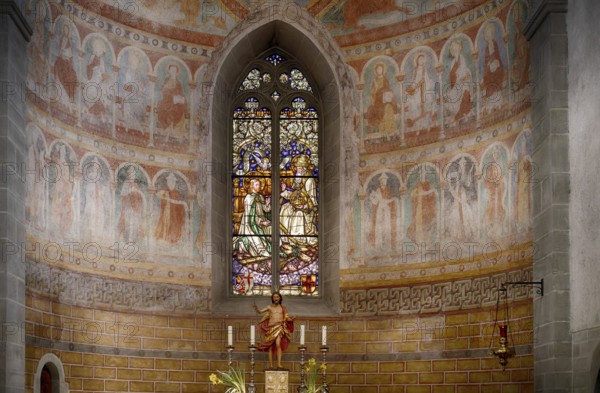 Interior view, painting in the apse, divided into three sections, choir, altar, stained glass windows, collegiate church Sankt Peter und Paul, Niederzell, Insel Reichenau, Landkreis Konstanz, Baden-Württemberg, Germany, Europe