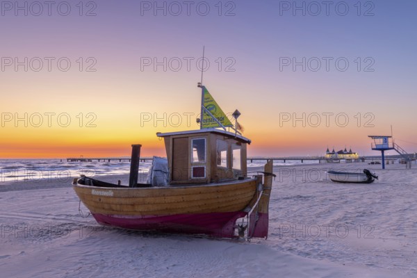Traditional wooden fishing boat on the beach along the Baltic Sea at Ahlbeck, Heringsdorf on the island Usedom, Mecklenburg–Western Pomerania, Germany, Europe