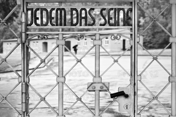 Tor tor to the beech forest concentration camp with the slogan Jedem das Seine on the entrance gate, Weimar, Thuringia, Germany, Europe